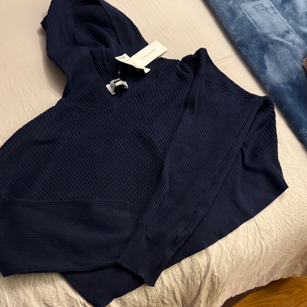 Pink Rose Deep Blue Ribbed Sweater